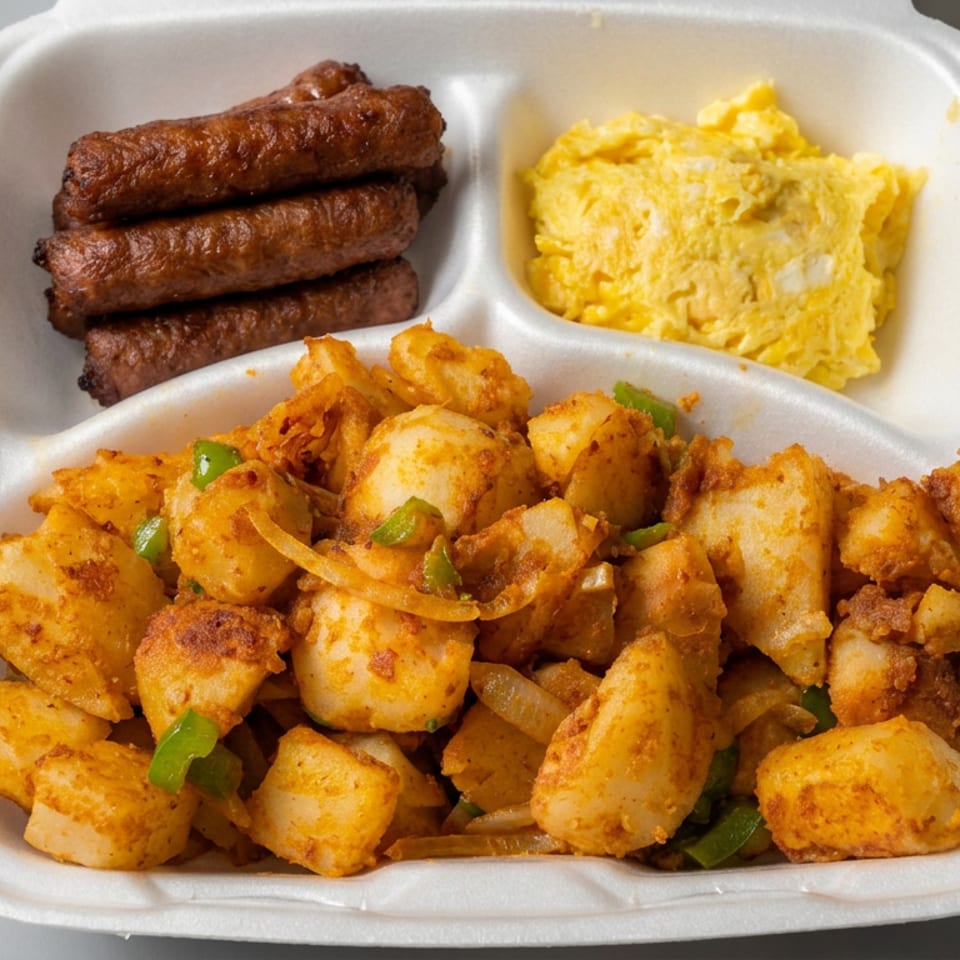 Takeout container filled with seasoned breakfast potatoes, scrambled eggs, and four sausage links.