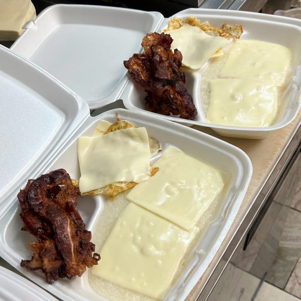 Two open takeout containers hold crispy bacon, melted cheese slices, and fried potatoes.