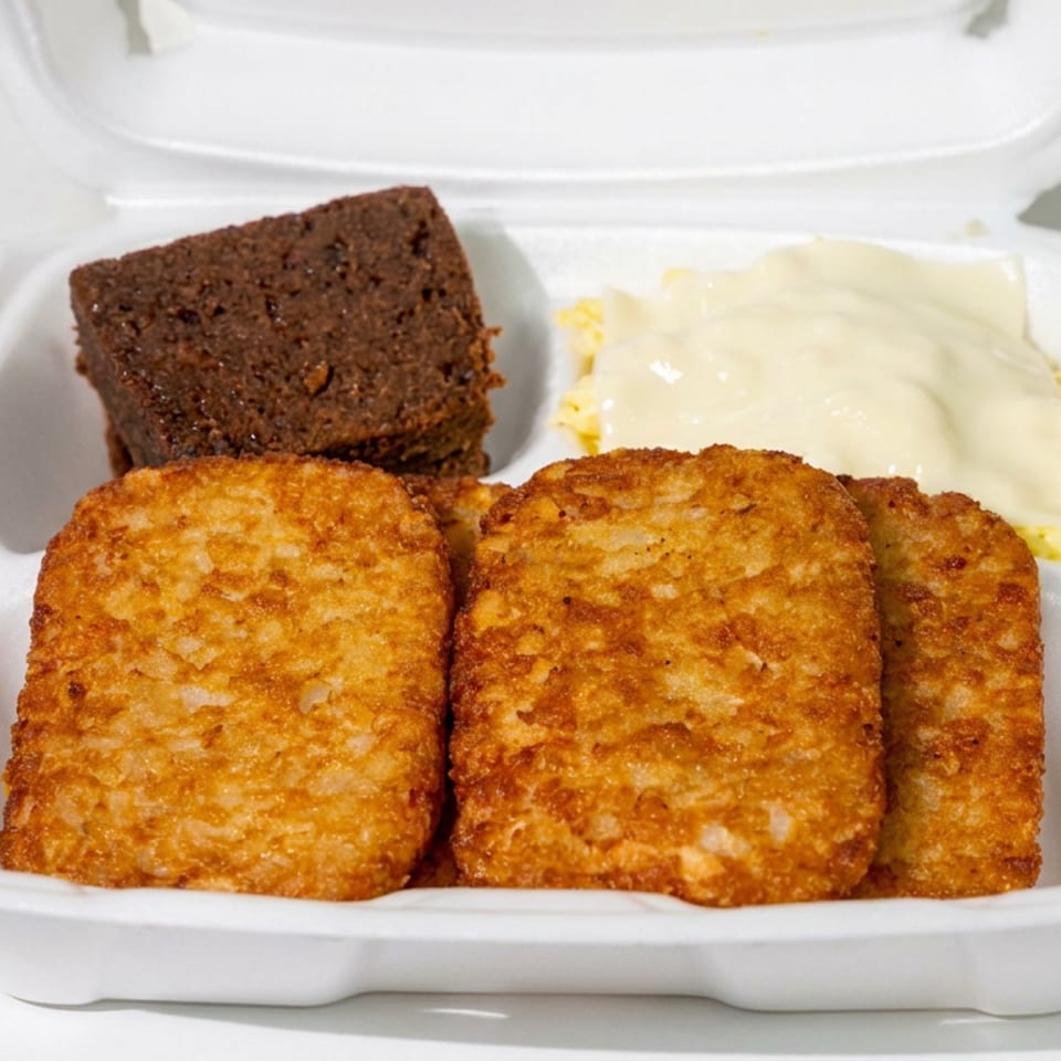 Takeout container holding three golden hash brown patties, a chocolate brownie, and a cream-topped pastry.