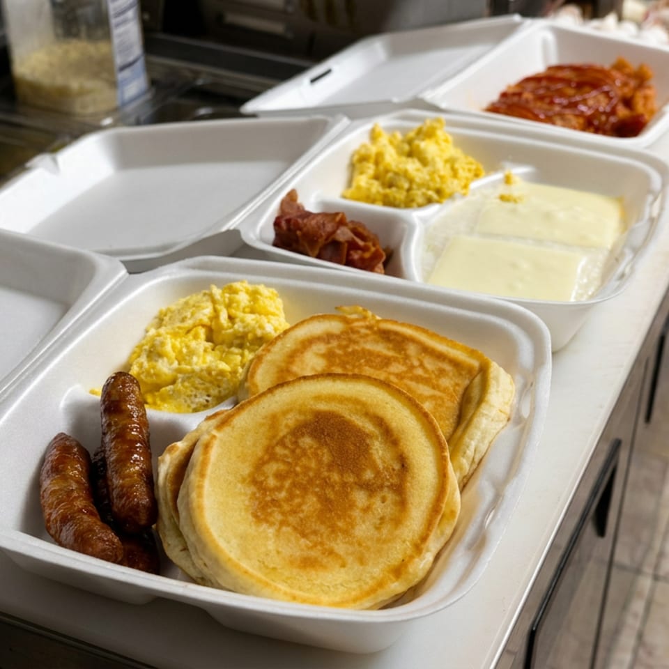 Takeout containers hold pancakes, scrambled eggs, sausages, creamy sauce, and a red saucy side on a restaurant counter.