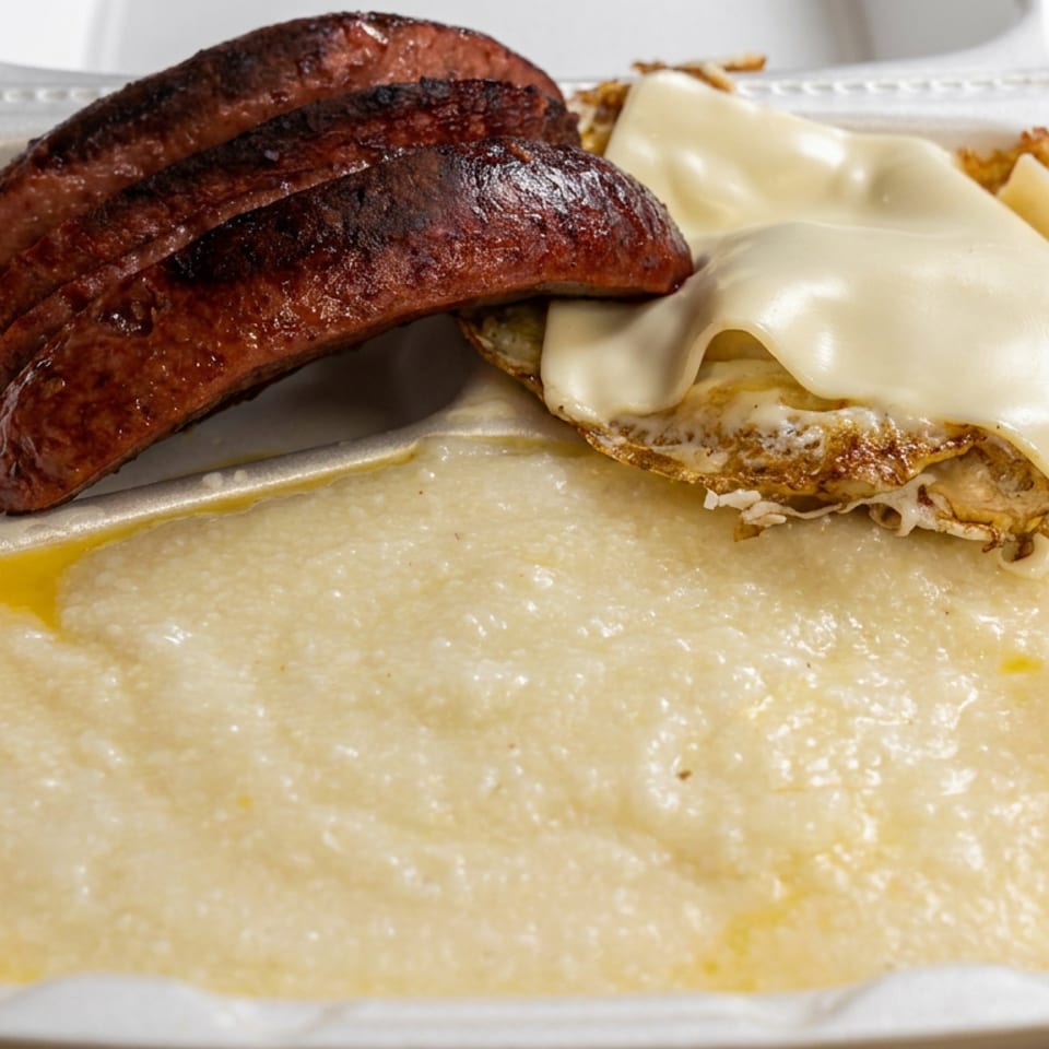 Takeout container holding grilled sausage, cheesy eggs, and creamy grits.