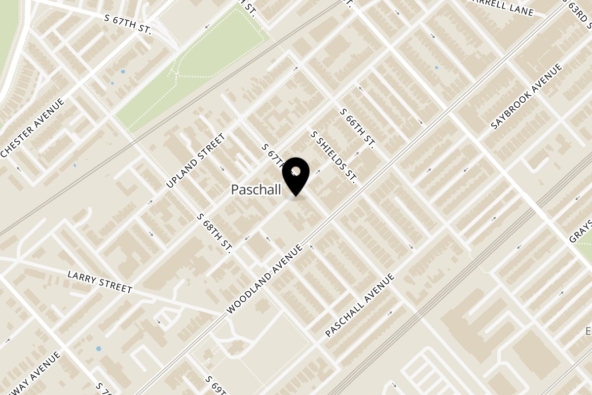 Map showing the location of Y and J Breakfast and Lunch on 2128 S 67th St in Philadelphia